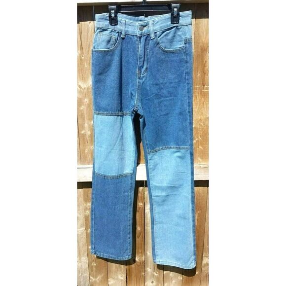 jeans Denim - women's jeans medium blue patchwork high waisted straight leg denim